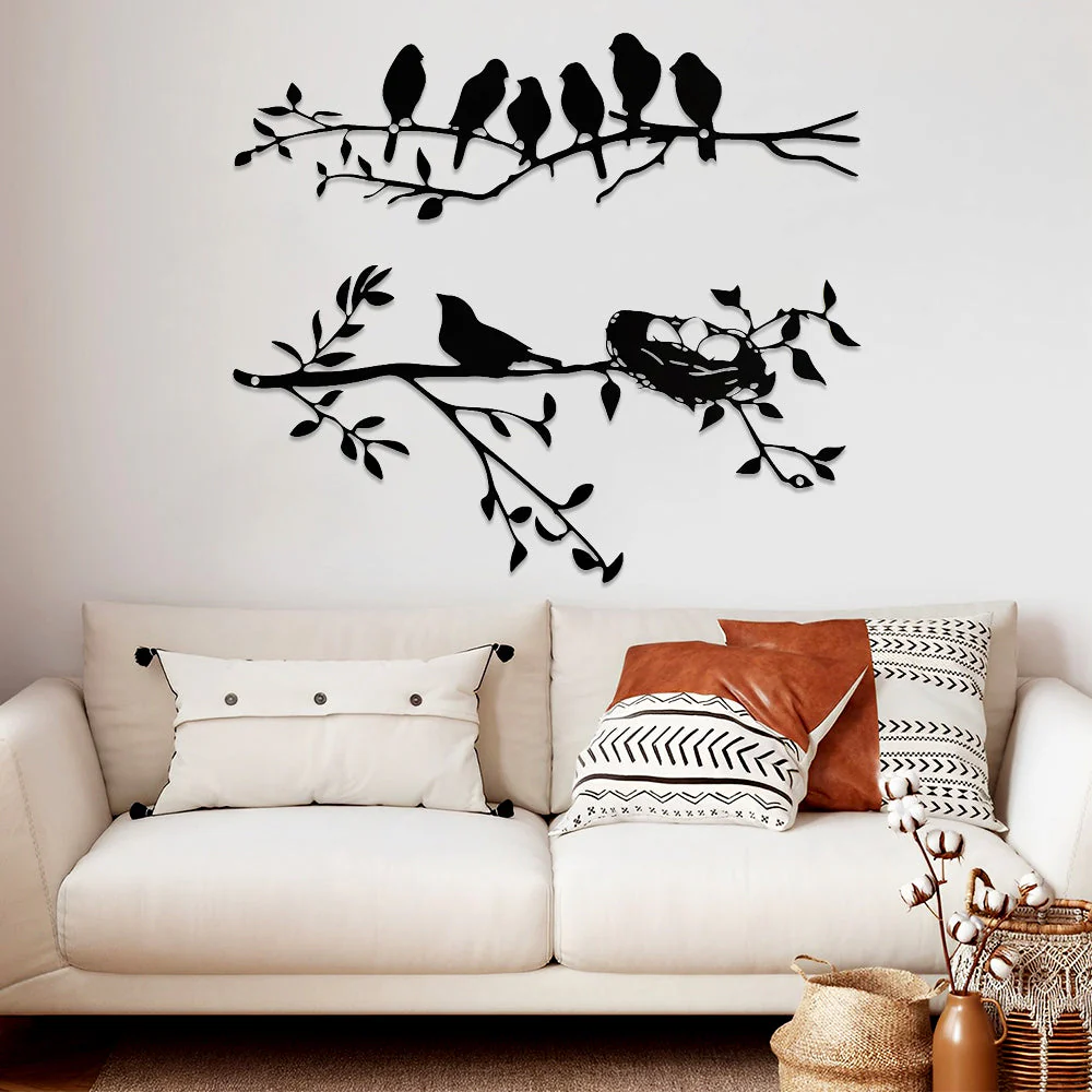 2 Pièces Oiseau et Branche Décor Murral Suspendu Moderne en Métal - Image 2