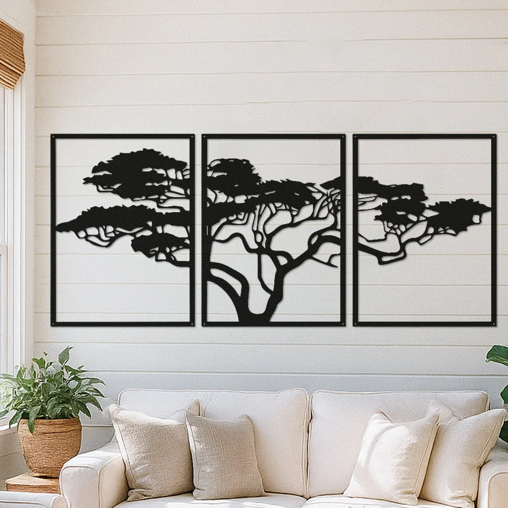 3 Pièces Arbre de la Vie Noir Art Mural en Métal Décor