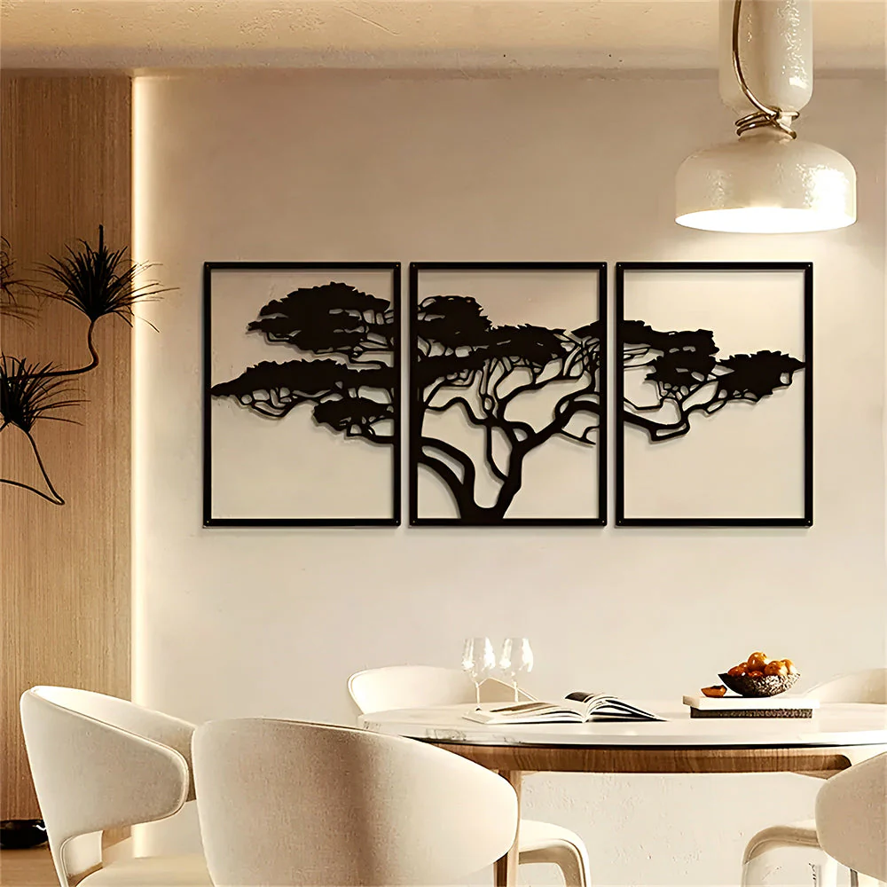 3 Pièces Arbre de la Vie Noir Art Mural en Métal Décor - Image 2