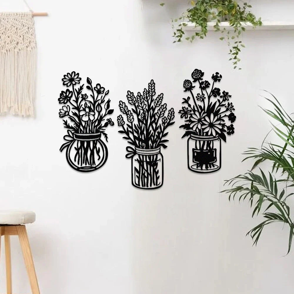 3 Pièces Jardin Fleuri Métal Décoratif Mural - Décoration Murale Intérieur et Extérieur