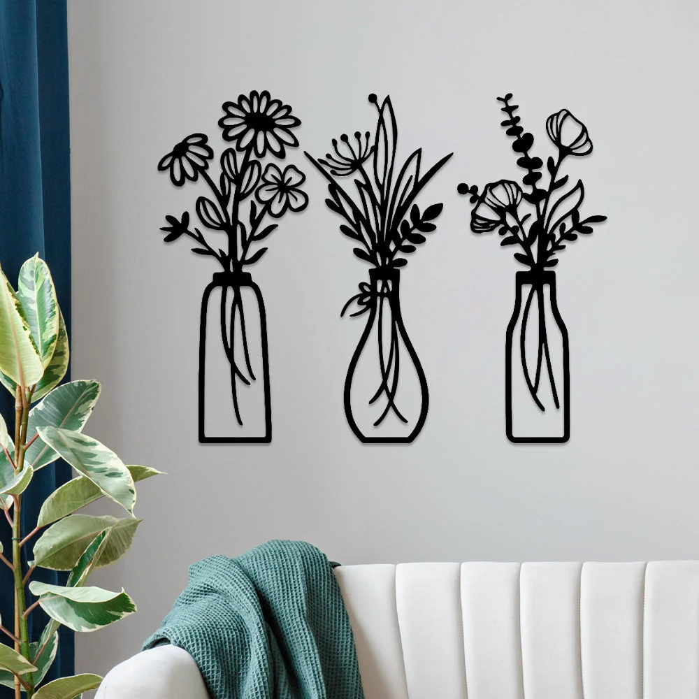 3 Pièces Jardin Fleuri Métal Décoratif Mural - Décoration Murale Intérieur et Extérieur