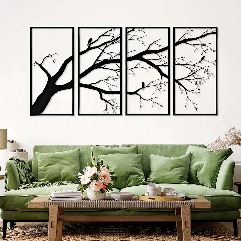 4 Pièces Arbre de la Vie et 3 Oiseaux Art Mural en Métal