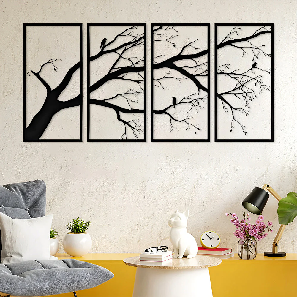 4 Pièces Arbre de la Vie et 3 Oiseaux Art Mural en Métal - Image 2