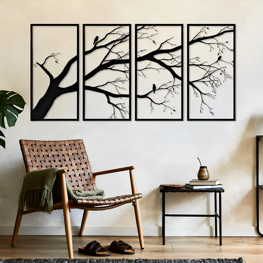 4 Pièces Arbre de la Vie et 3 Oiseaux Art Mural en Métal - Image 5