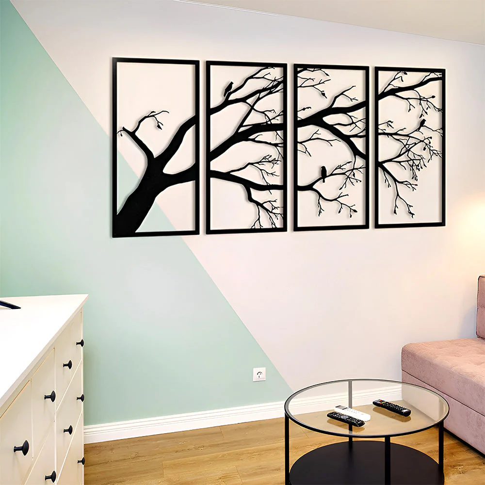 4 Pièces Arbre de la Vie et 3 Oiseaux Art Mural en Métal - Image 6