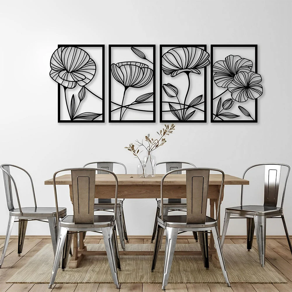 4 Pièces Arbre de la Vie Lotus en Métal Noir Métal Décoratif Mural