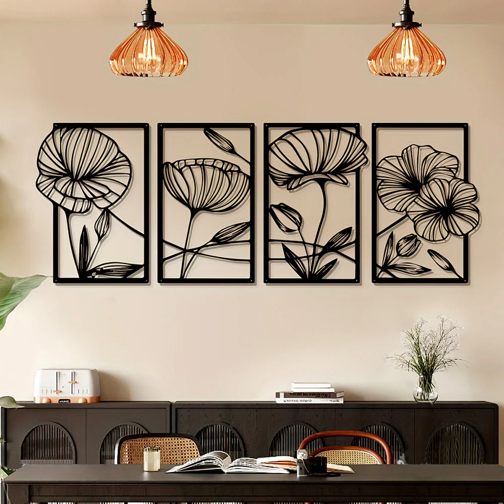 4 Pièces Arbre de la Vie Lotus en Métal Noir Métal Décoratif Mural - Image 3