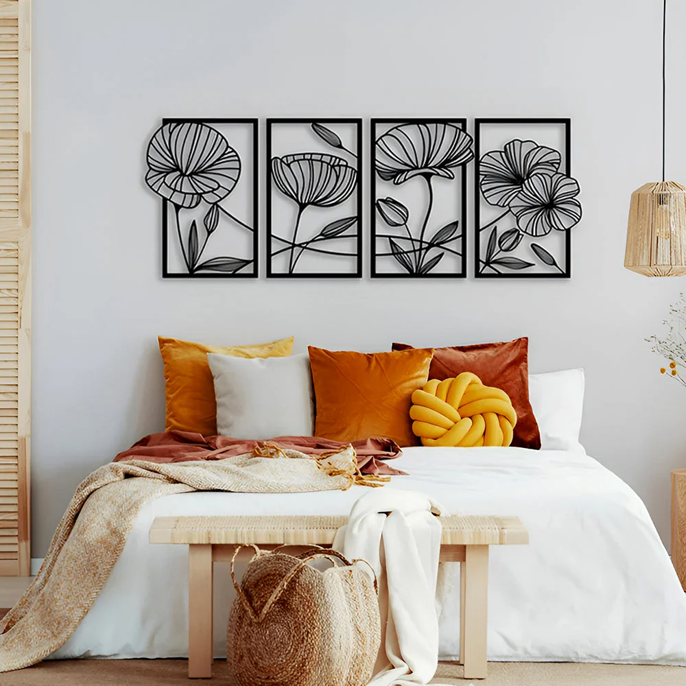 4 Pièces Arbre de la Vie Lotus en Métal Noir Métal Décoratif Mural - Image 5