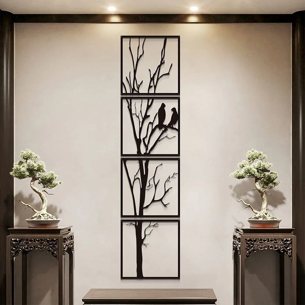 4 Pièces Oiseau et Arbre de la Vie Métal Décoratif Mural - Image 2