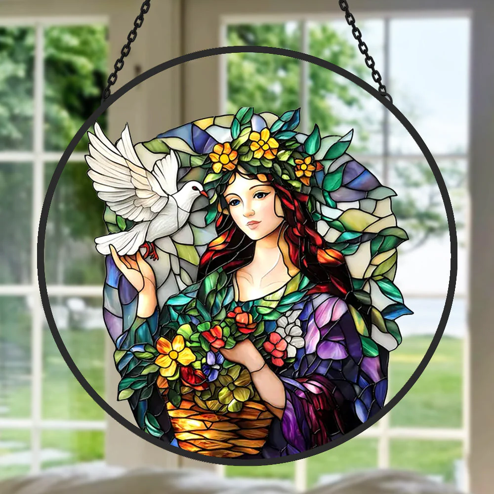 Ange de la Paix et Colombe Attrape-Soleil Décoratif en Vitrail à Suspendre