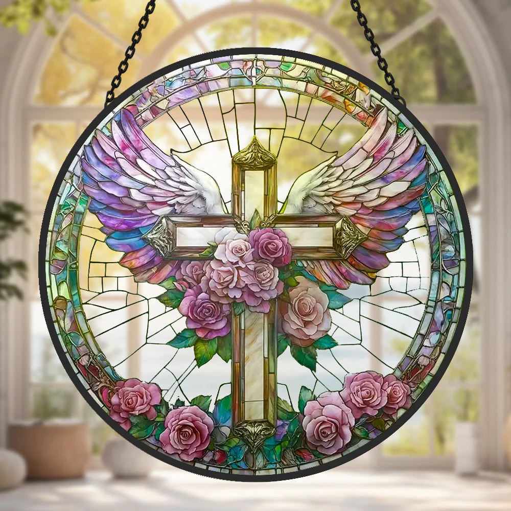Ange et Croix Attrape-Soleil Décoratif en Vitrail à Suspendre - Image 2