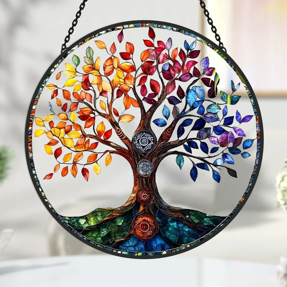 Arbre de Vie Attrape-Soleil Décoratif en Vitrail à Suspendre