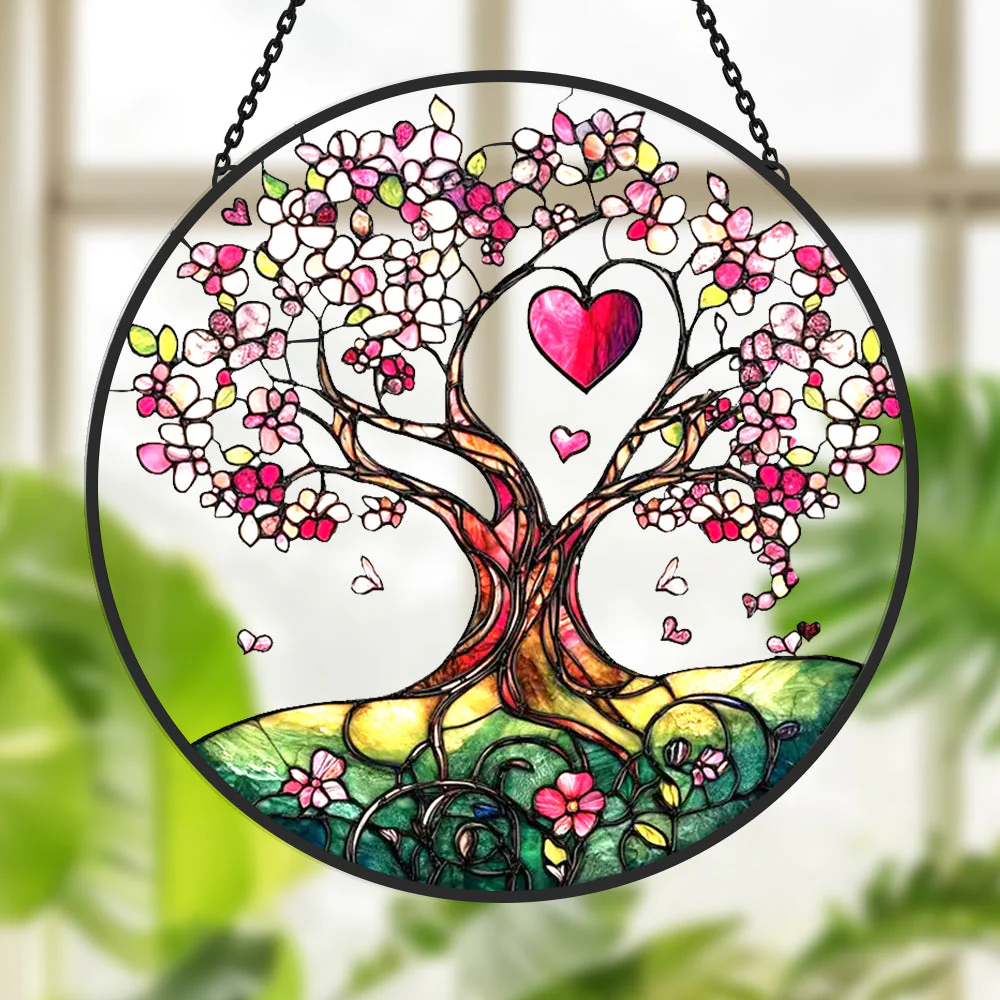 Arbre de Vie d'Amour Attrape-Soleil Décoratif en Vitrail à Suspendre
