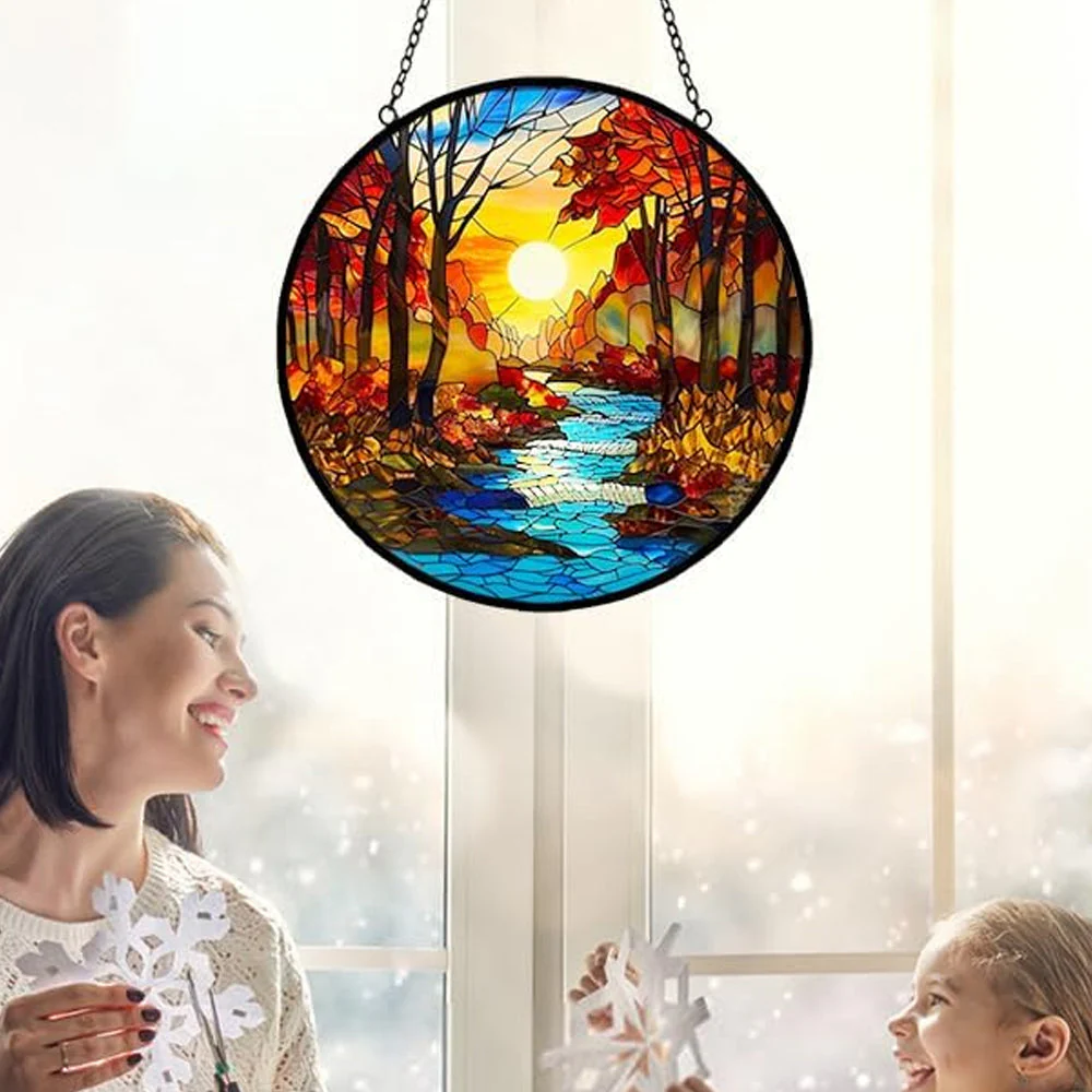Arbre et Rivière au Lever du Soleil Attrape-Soleil Décoratif en Vitrail à Suspendre