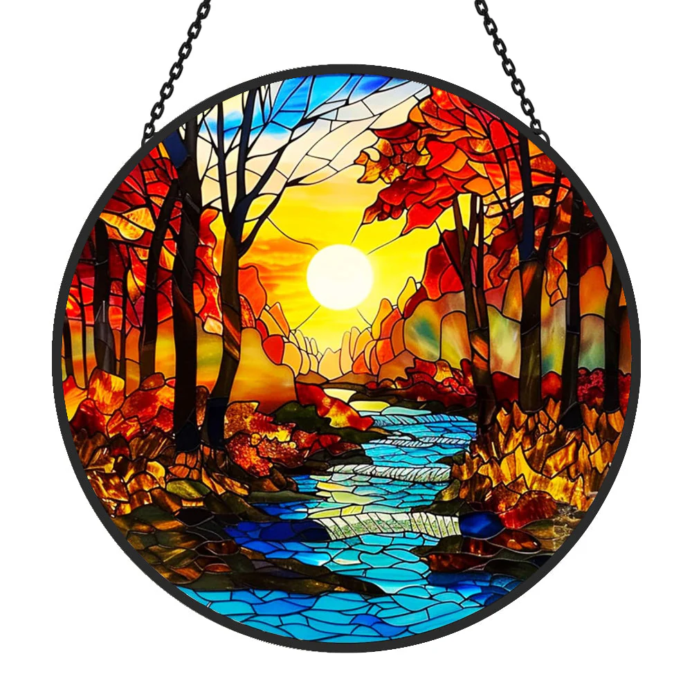 Arbre et Rivière au Lever du Soleil Attrape-Soleil Décoratif en Vitrail à Suspendre - Image 4