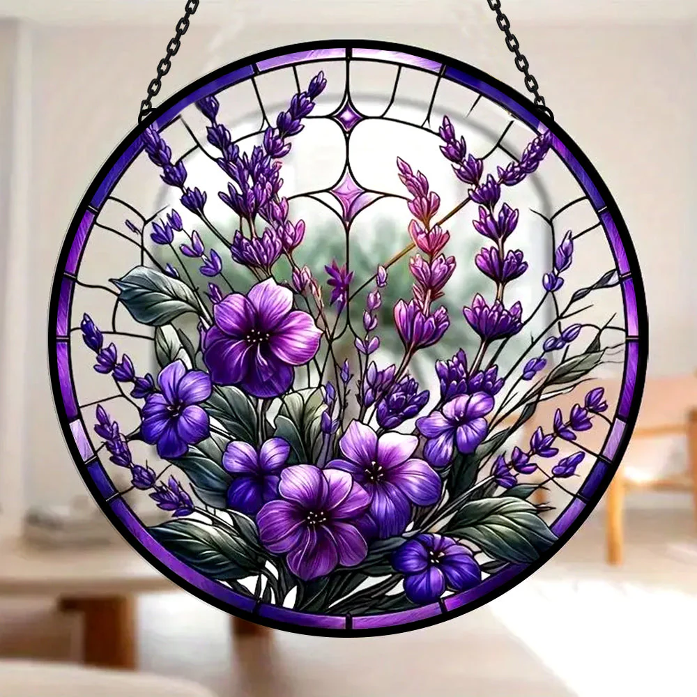 Bauhinia Élégant et Violettes Attrape-Soleil Décoratif en Vitrail à Suspendre