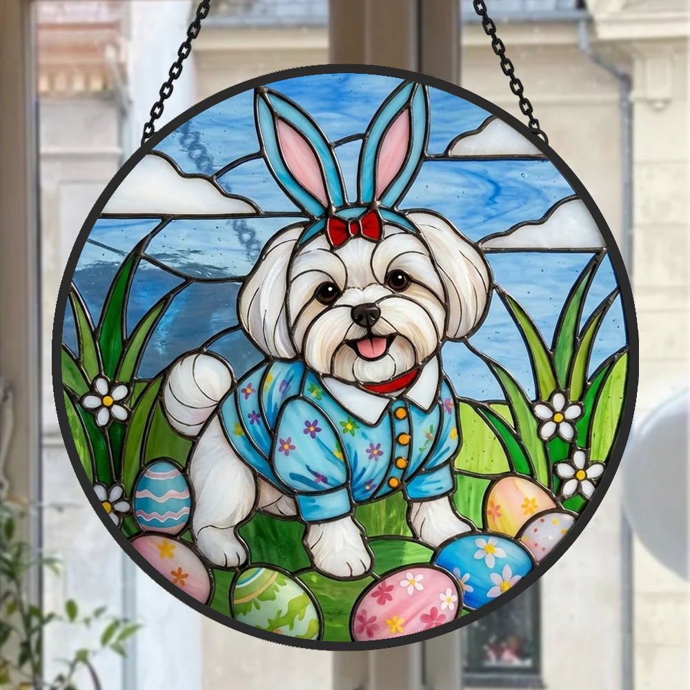 Bichon Maltais Attrape-Soleil en Vitrail - DĂ©coration Suspendue pour FenĂȘtre