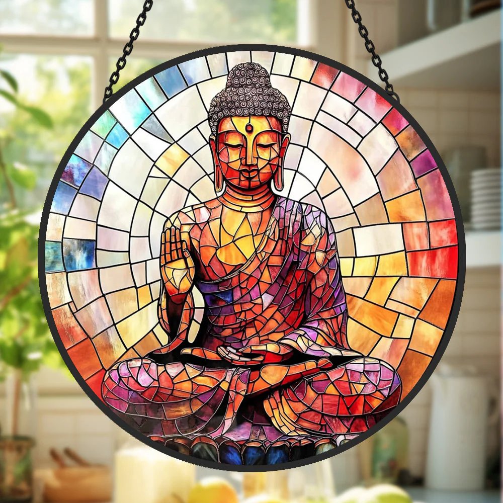 Bouddha Attrape-Soleil Décoratif en Vitrail à Suspendre