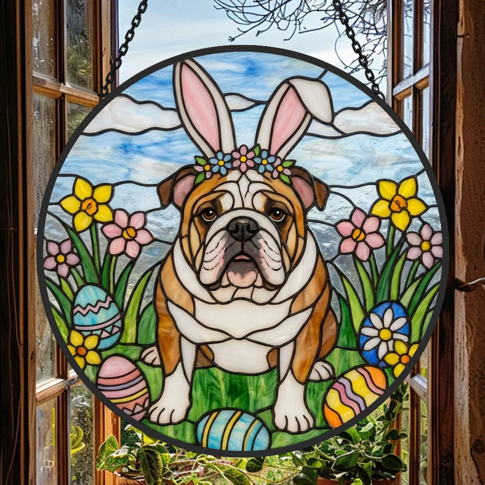 Bouledogue Anglais Attrape-Soleil en Vitrail - Décoration Suspendue pour Fenêtre