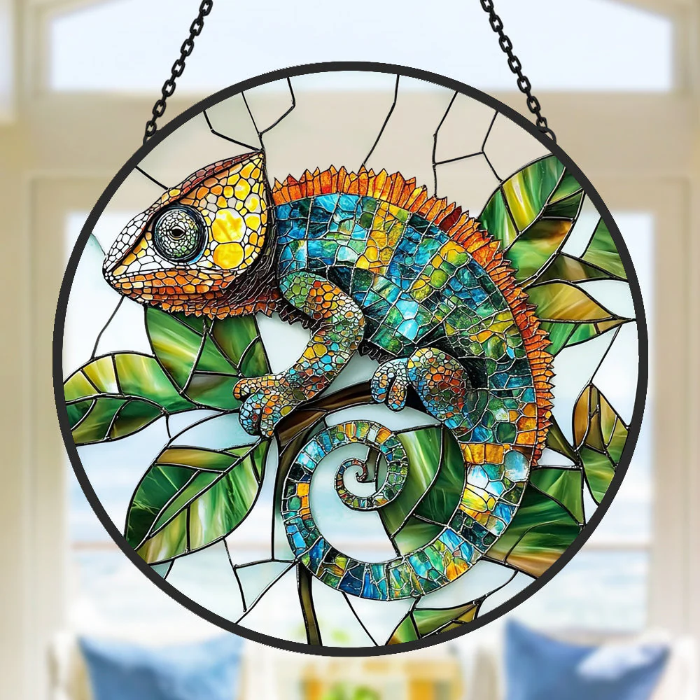 Caméléon Attrape-Soleil Décoratif en Vitrail à Suspendre