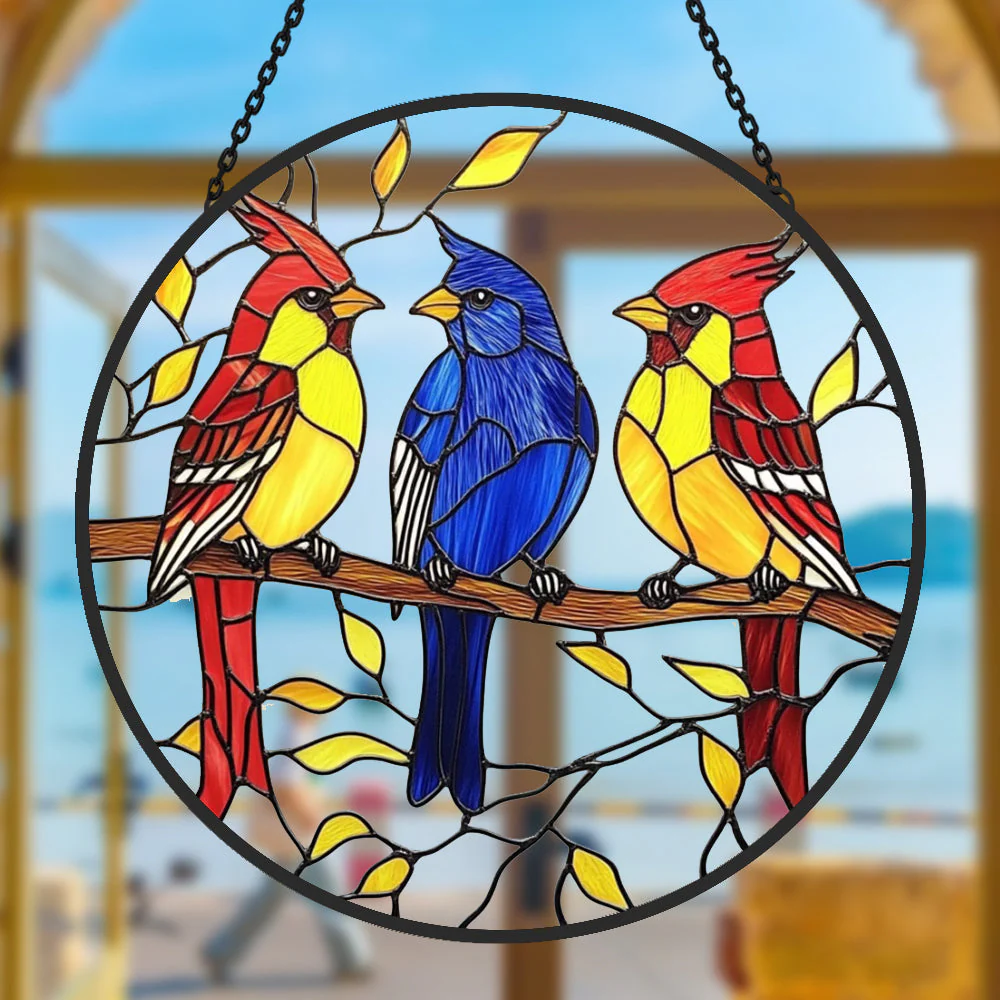 Cardinaux du Printemps Attrape-Soleil Décoratif en Vitrail à Suspendre