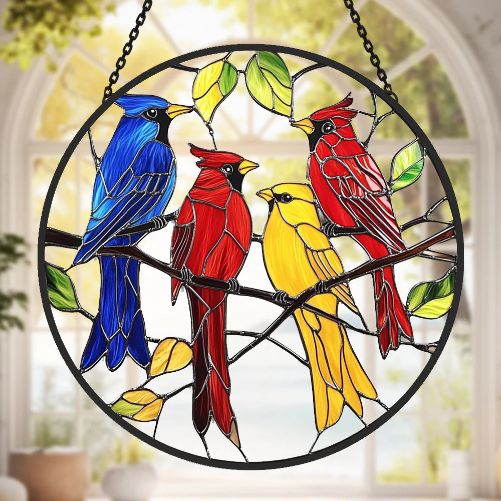 Cardinaux du Printemps Attrape-Soleil Décoratif en Vitrail à Suspendre