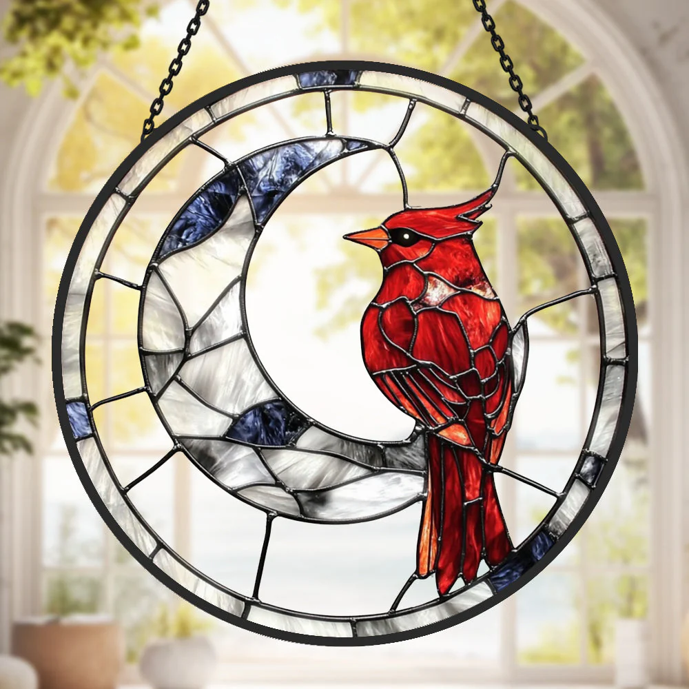 Cardinaux et Lune Croissant Attrape-Soleil Décoratif en Vitrail à Suspendre
