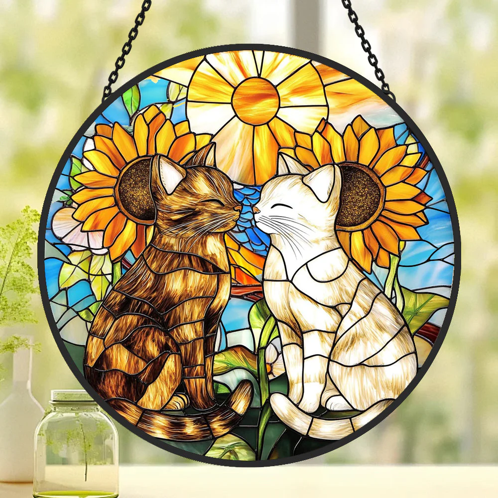 Chat et Fleurs Attrape-Soleil Décoratif en Vitrail à Suspendre