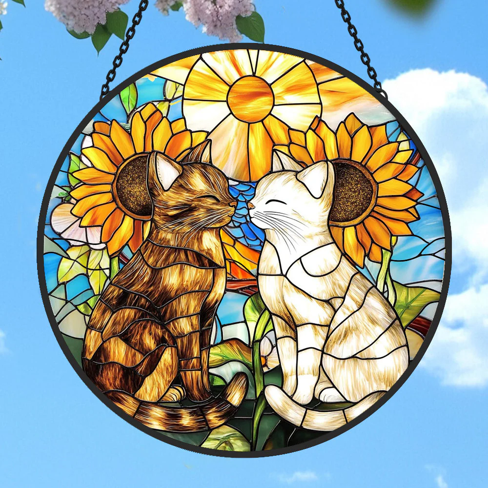 Chat et Fleurs Attrape-Soleil Décoratif en Vitrail à Suspendre - Image 2