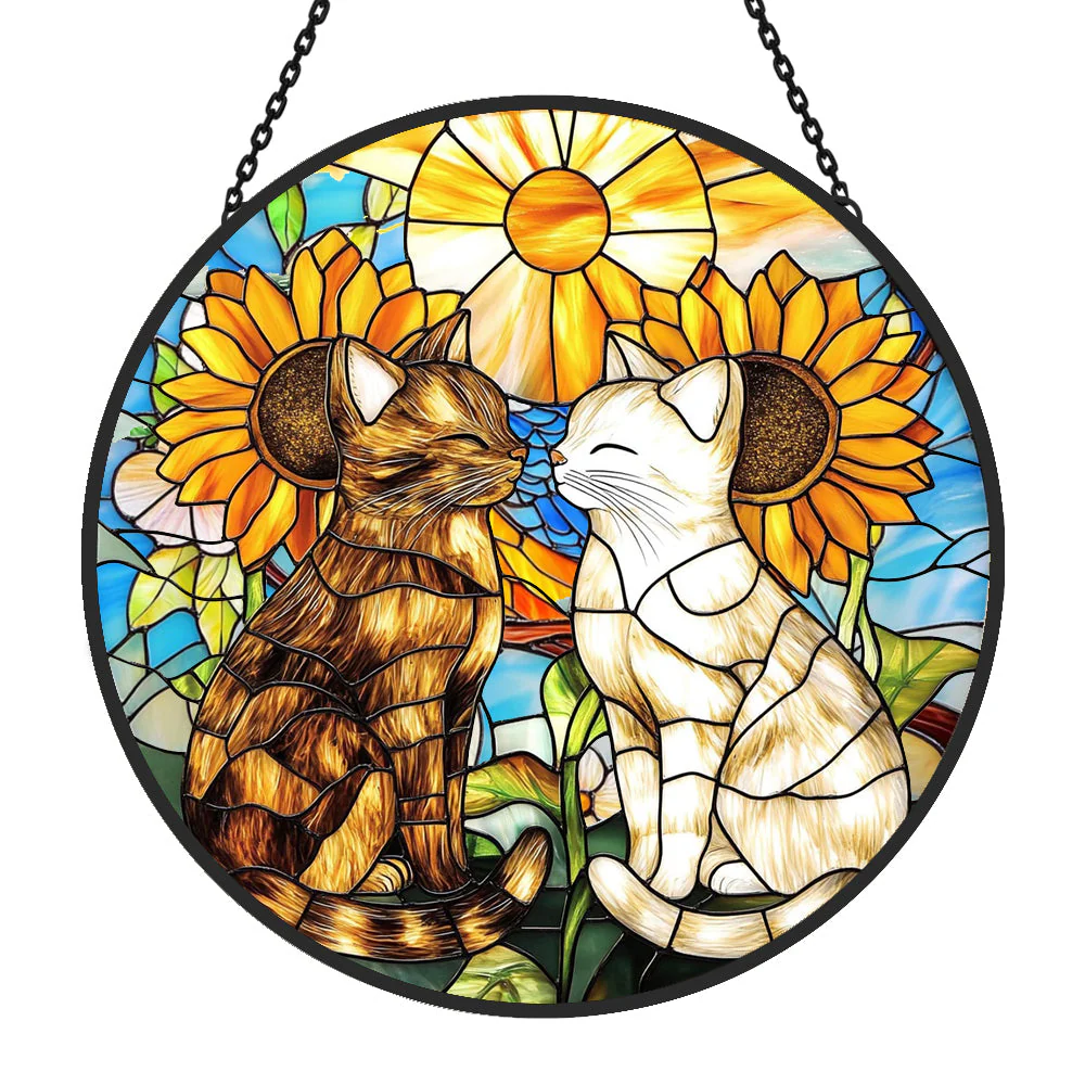 Chat et Fleurs Attrape-Soleil Décoratif en Vitrail à Suspendre - Image 3