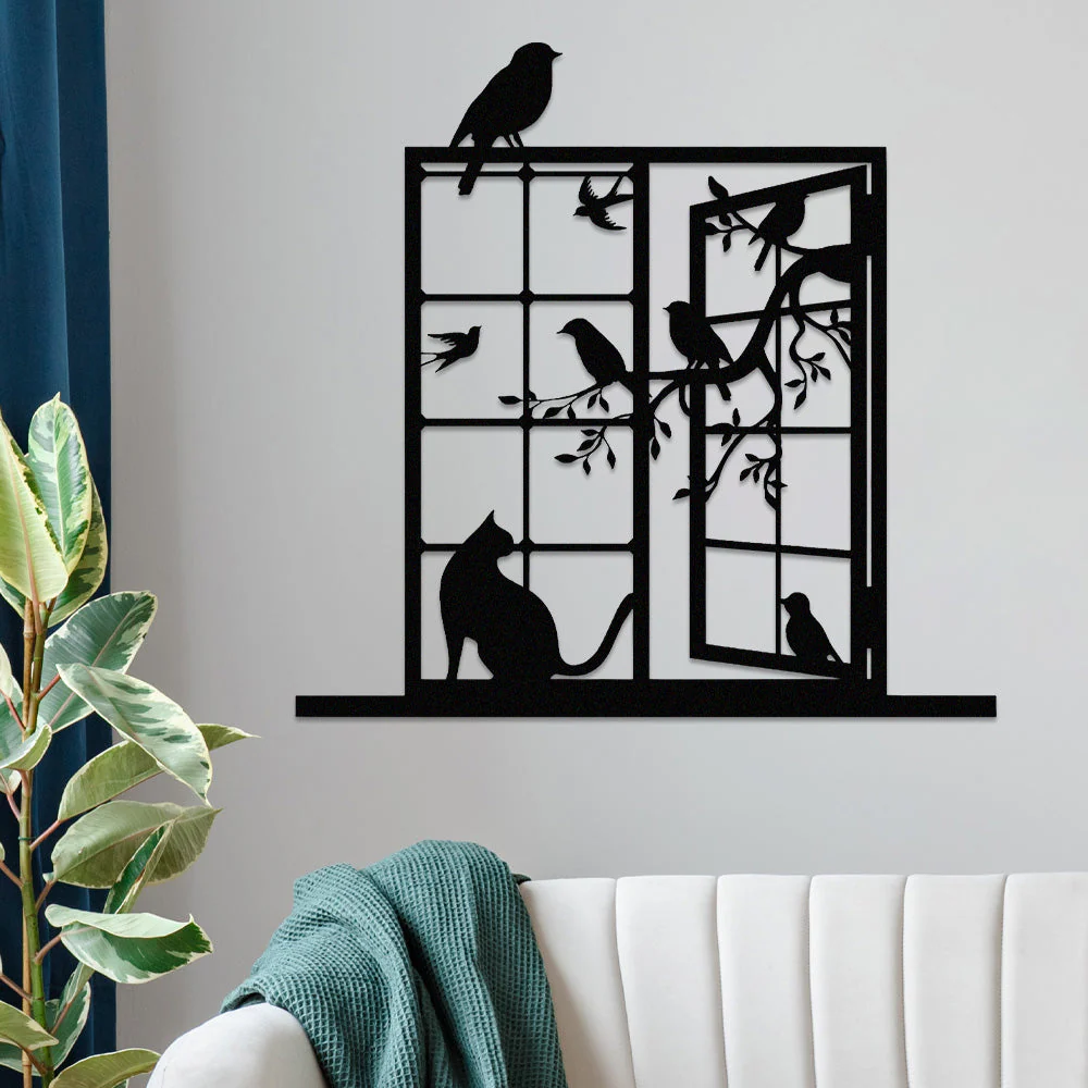 Chat et Oiseau FenĂȘtre MĂ©tal DĂ©coratif Mural - Image 2