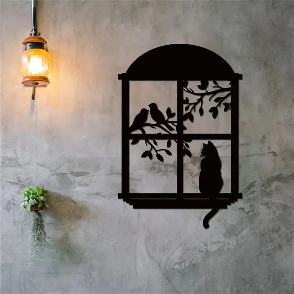 Chat et Oiseau sur l'Arbre FenĂȘtre Art Mural en MĂ©tal - Image 5