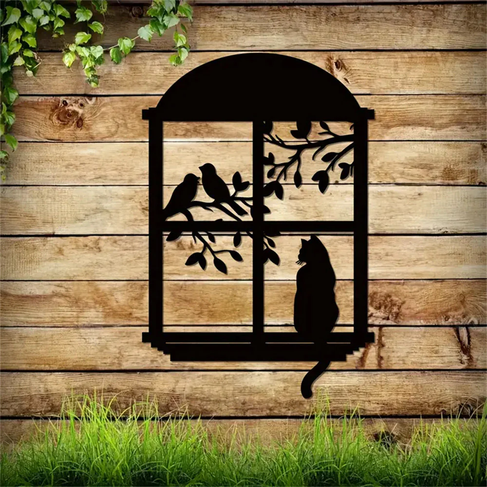 Chat et Oiseau sur l'Arbre FenĂȘtre Art Mural en MĂ©tal - Image 7