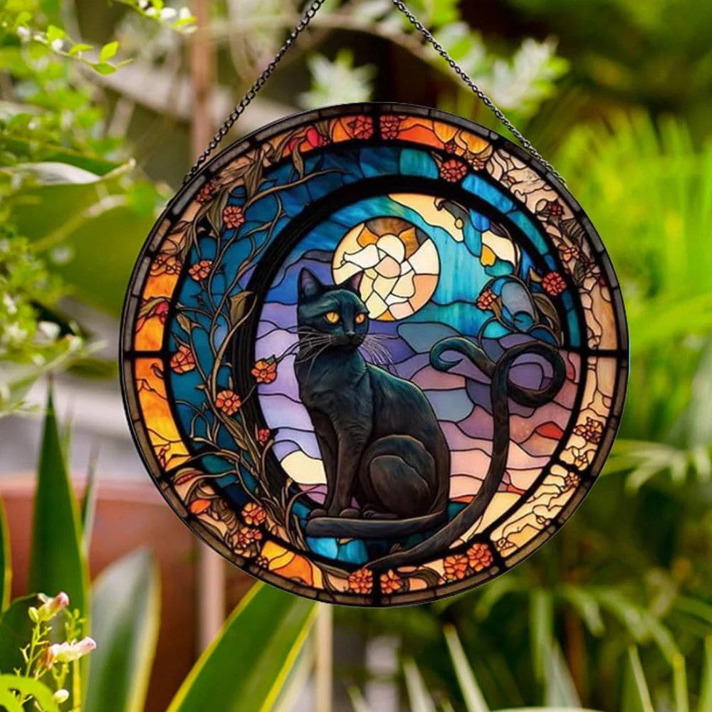 Chat Noir Attrape-Soleil Décoratif en Vitrail à Suspendre