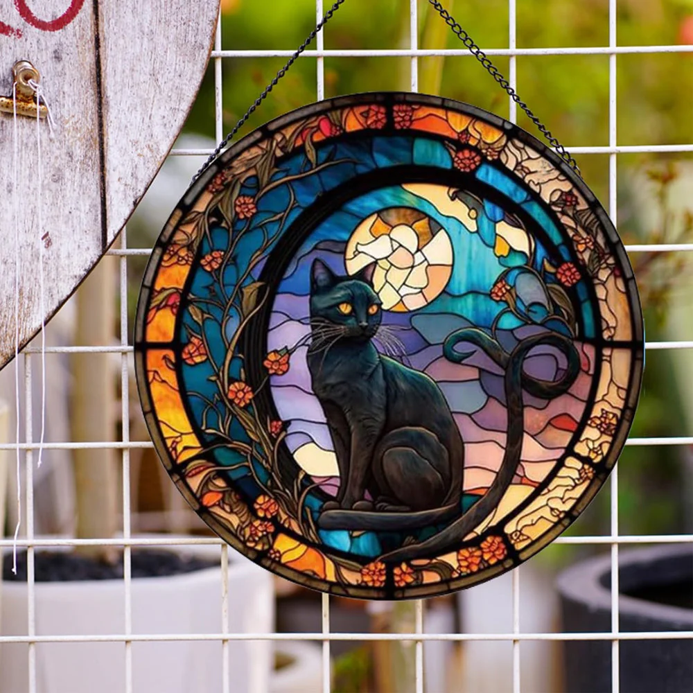Chat Noir Attrape-Soleil Décoratif en Vitrail à Suspendre - Image 2