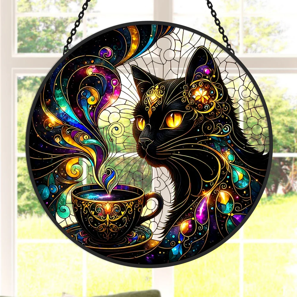Chat Noir Classique Attrape-Soleil Décoratif en Vitrail à Suspendre
