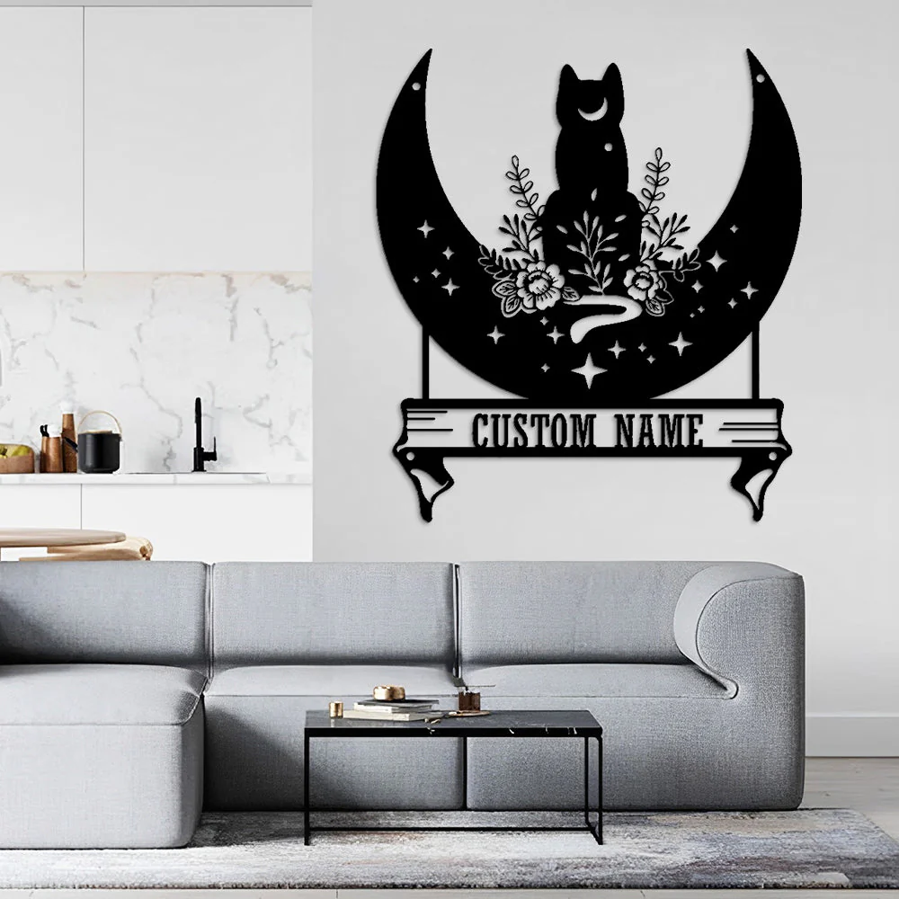 Chat Noir sur la Lune Art Mural en Métal Décor pour Salle de Lecture Plaques en Métal Personnalisées