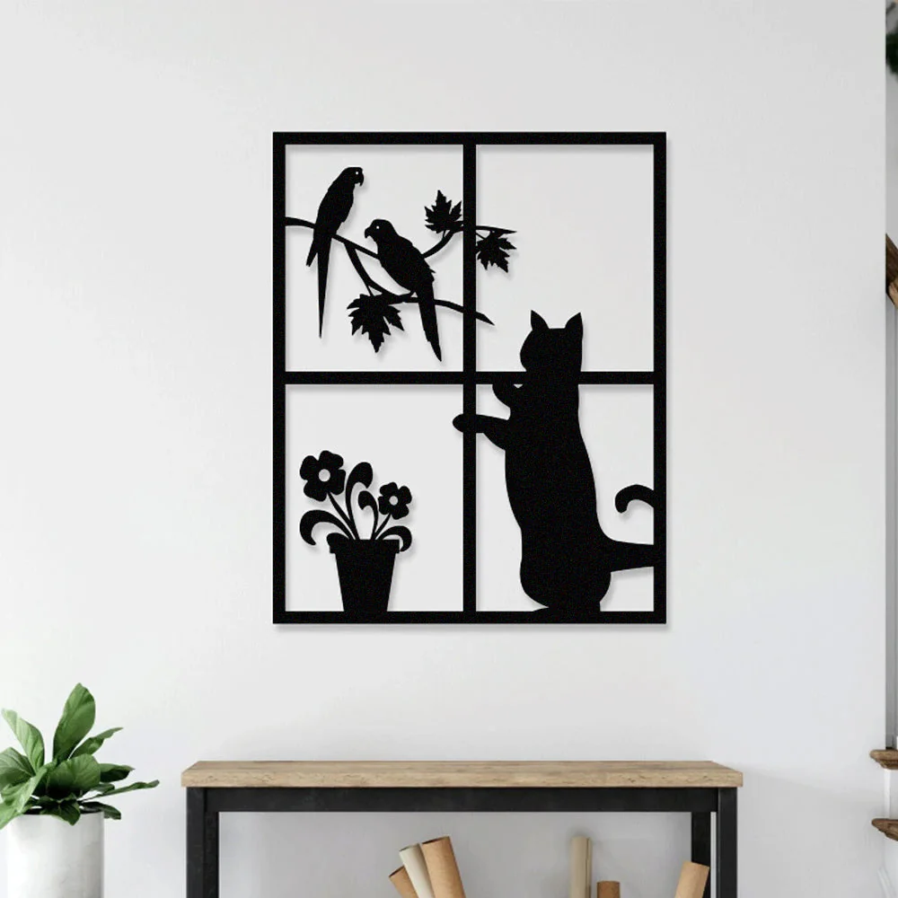 Chats Oiseaux et Fleurs Métal Décoratif Mural