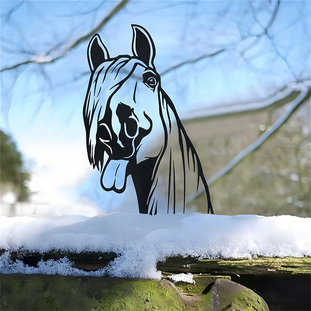Cheval Curieux Plaque Métallique – Décoration de Jardin Extérieur Animale