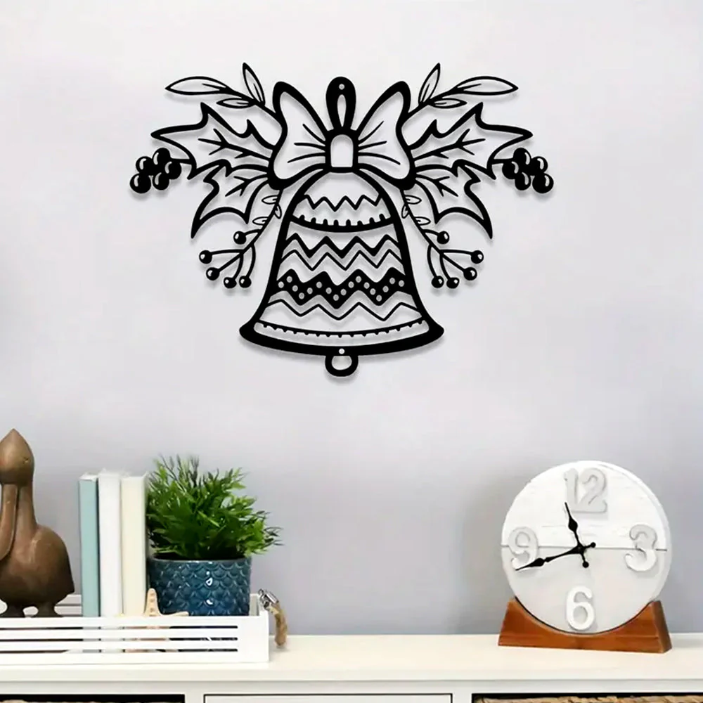 Cloche de Noël Mur Décor avec Noeud et Feuilles Plaque en Métal Décoratif Mural