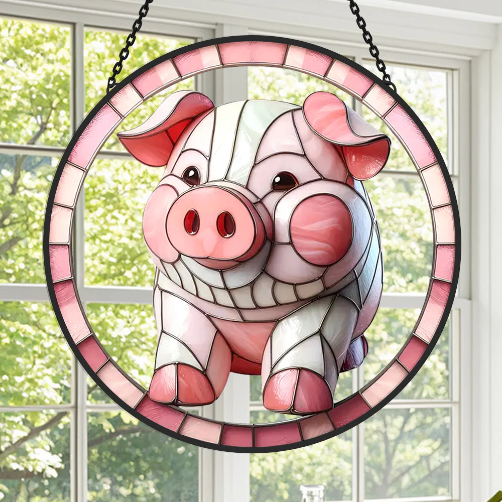 Cochon Attrape-Soleil Décoratif en Vitrail à Suspendre