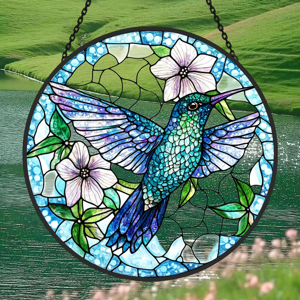 Colibri Bleu Attrape-Soleil Décoratif en Vitrail à Suspendre - Image 4