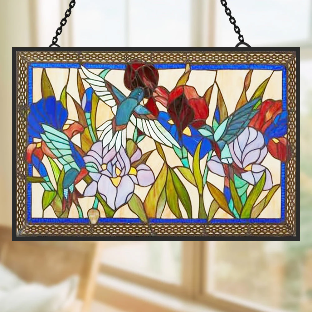 Colibri et Fleurs Attrape-Soleil Décoratif en Vitrail à Suspendre