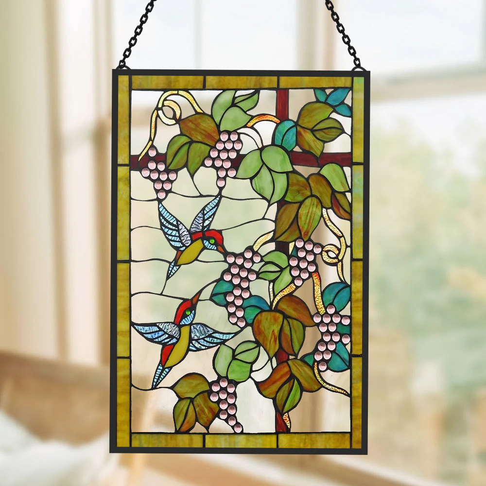 Colibri et Treille de Vigne Attrape-Soleil Décoratif en Vitrail à Suspendre