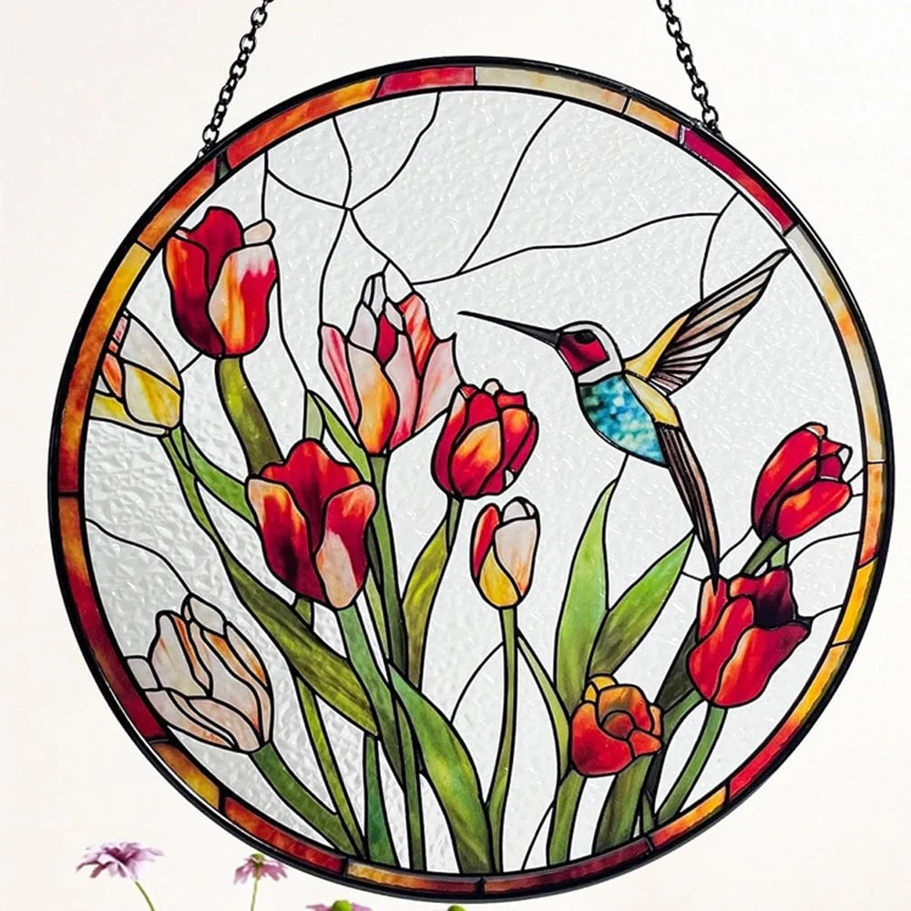 Colibri et Tulipes Attrape-Soleil Décoratif en Vitrail à Suspendre - Image 3