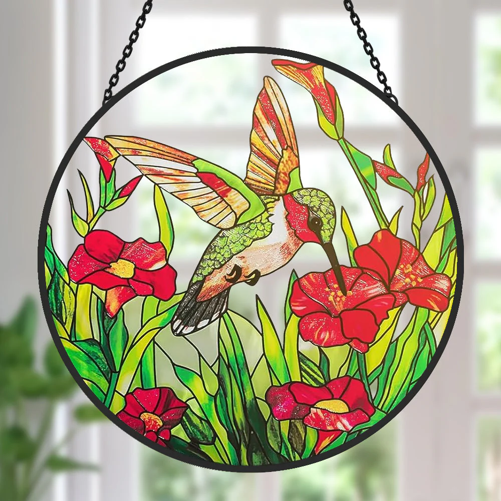 Colibris Attrape-Soleil Décoratif en Vitrail à Suspendre