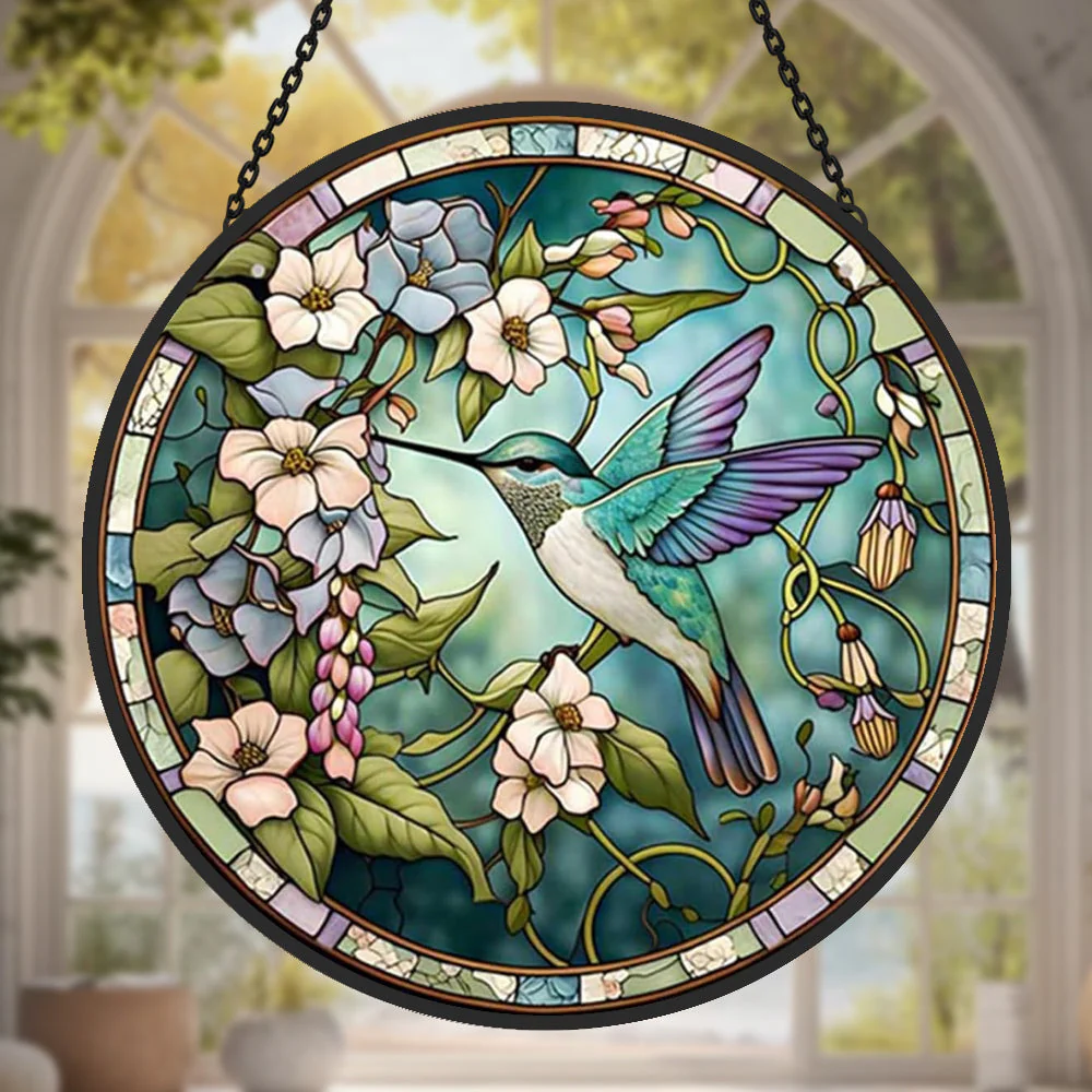Colibris et Fleurs Attrape-Soleil Décoratif en Vitrail à Suspendre