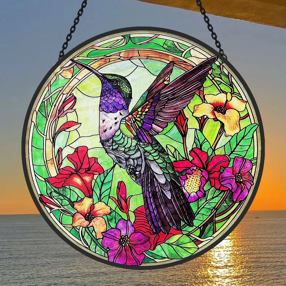 Colibris et Fleurs Attrape-Soleil Décoratif en Vitrail à Suspendre - Image 2