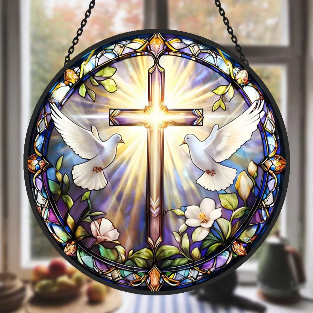 Colombe Blanche et Croix Attrape-Soleil Décoratif en Vitrail à Suspendre - Image 2