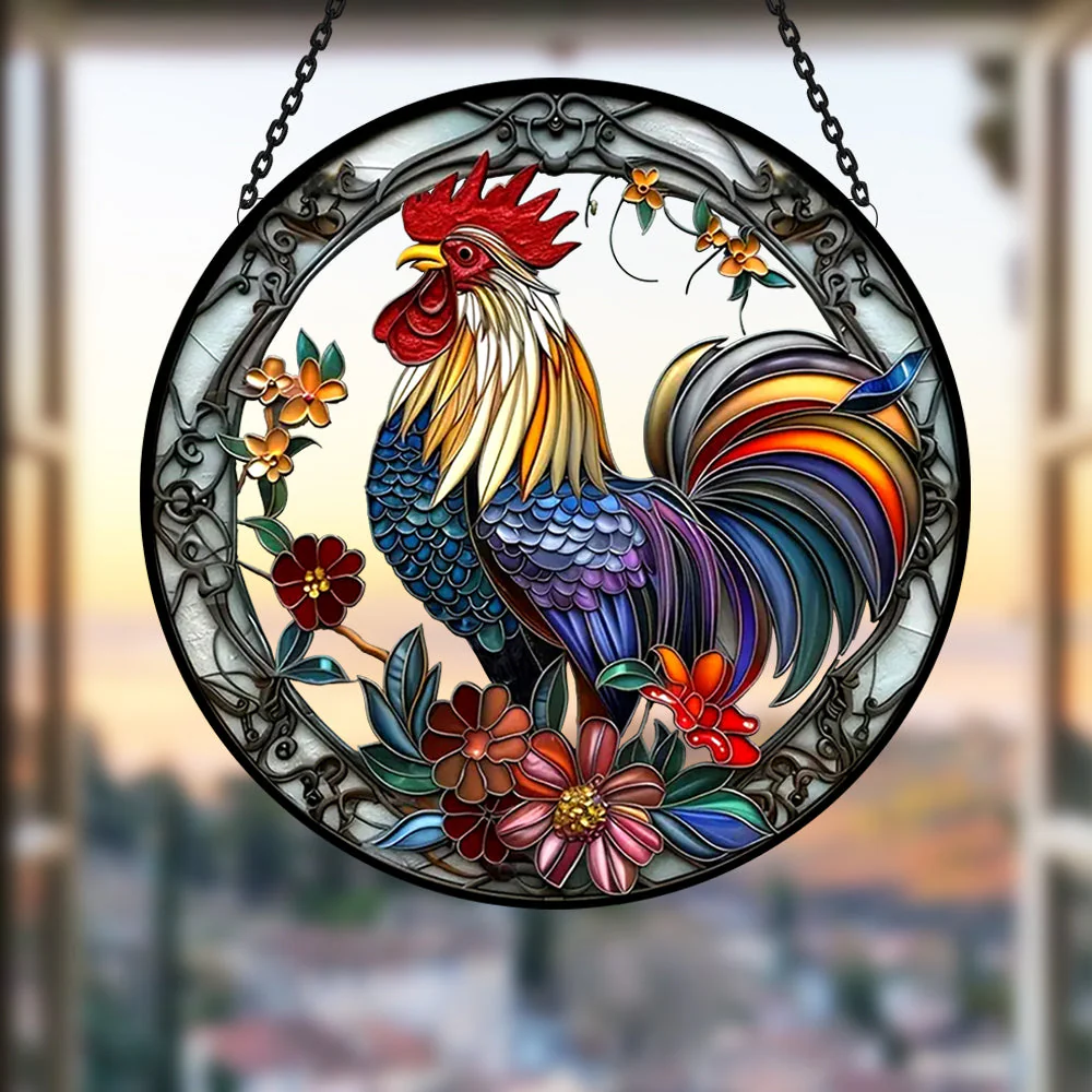 Coq de Ferme Attrape-Soleil Décoratif en Vitrail à Suspendre